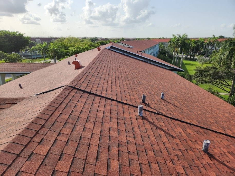 Completed red shingle condo roof aerial view – Job 22-072-G