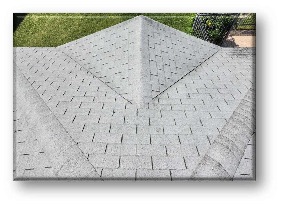 Gray shingle hip roof close-up with valley detail – Job 23-085 Pool House