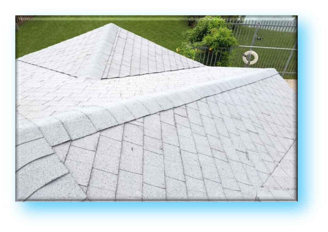 Gray shingle hip roof with ridge and valley detail – Job 23-085 Pool House