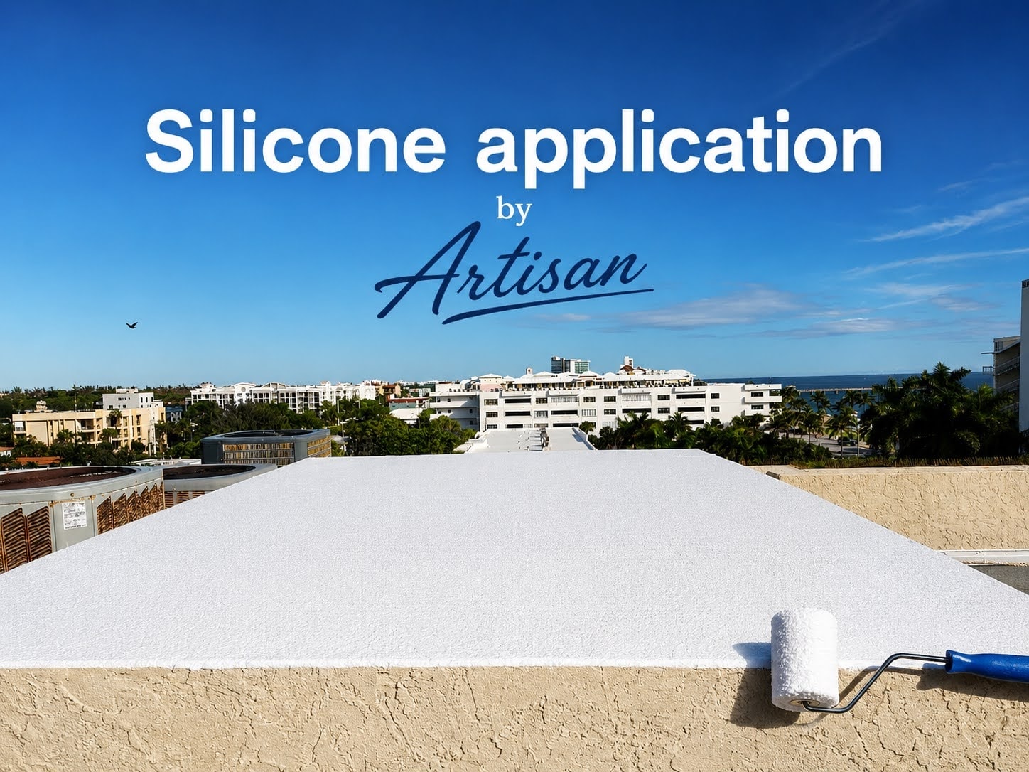 Silicone application by Artisan – completed white silicone flat roof with ocean view – Job 25-019 Deerfield