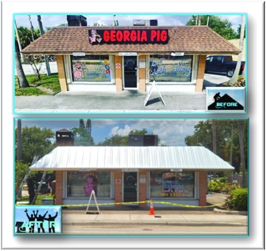 Before and after metal panel roof replacement at Georgia Pig BBQ – Job 26-016 GAPG