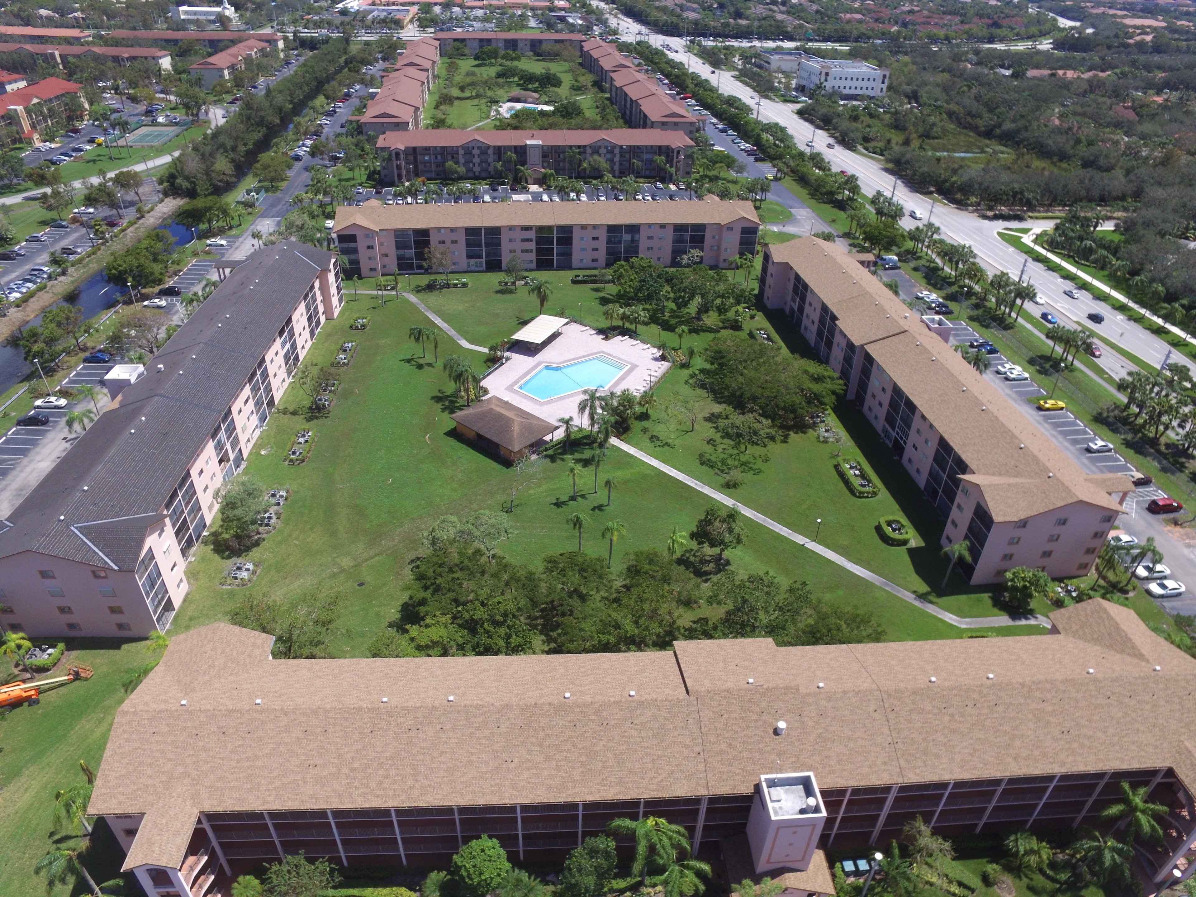Aerial view of Century Village condo complex after completed roof replacement – South Florida