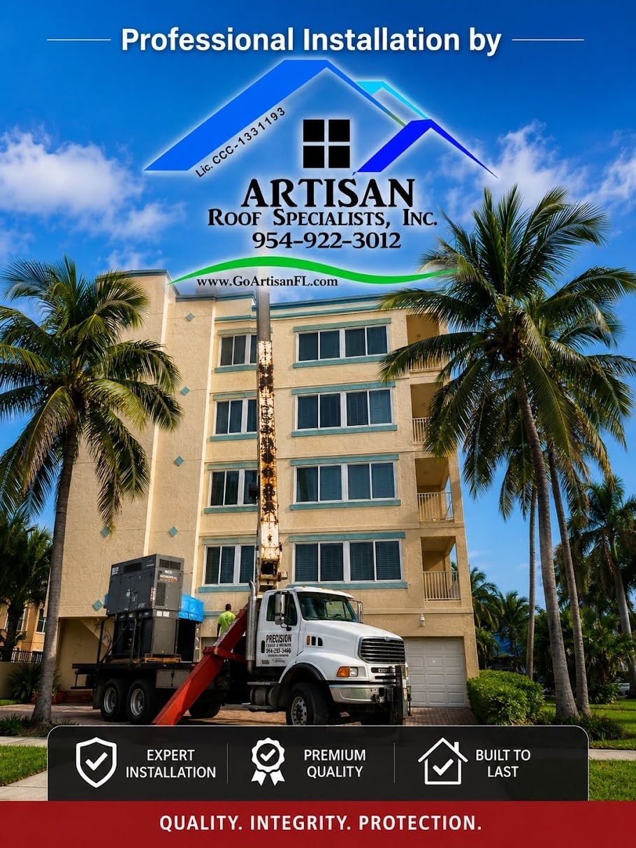Professional Installation by Artisan Roof Specialists, Inc. – Lic. CCC-1331193 – 954-922-3012 – Quality. Integrity. Protection.