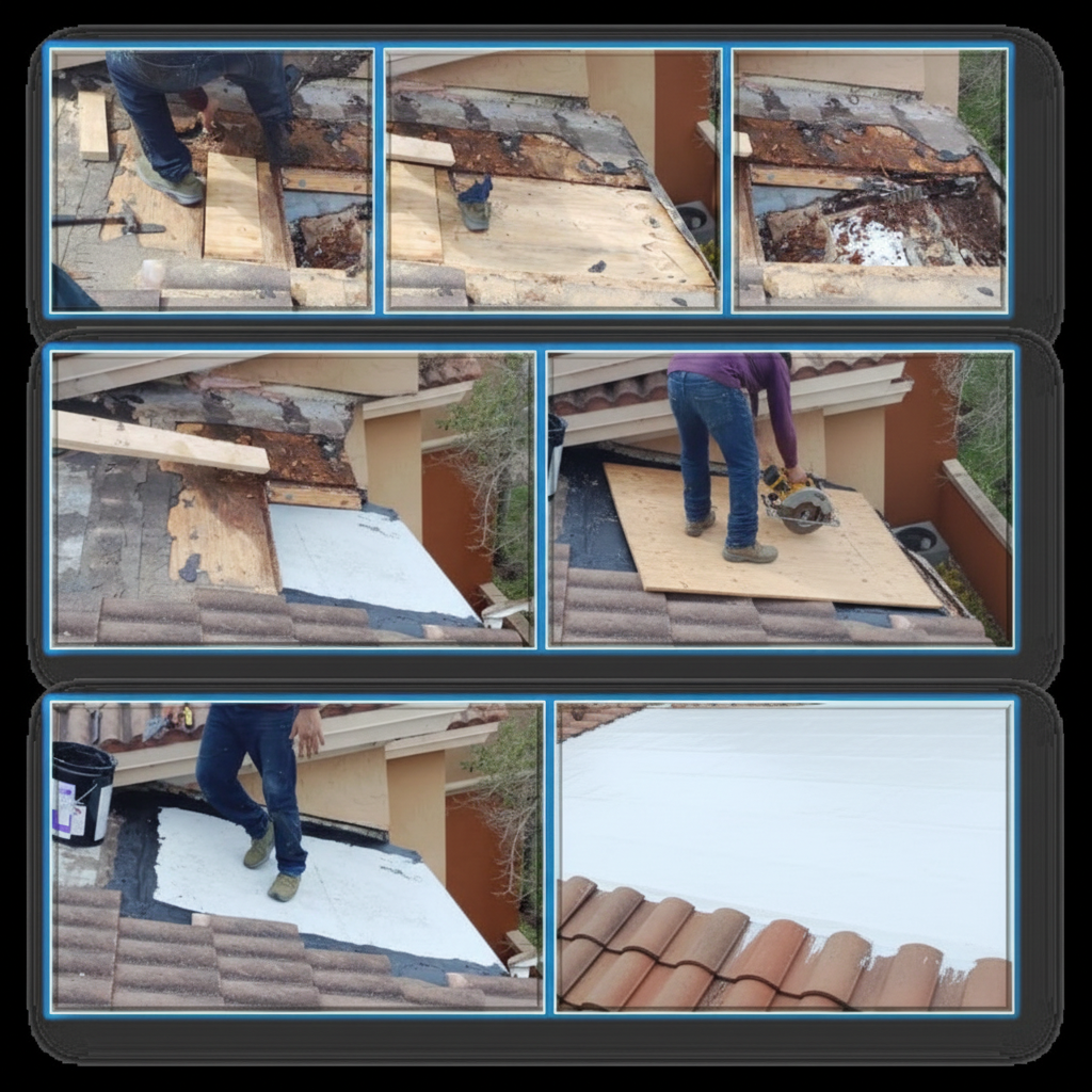 Five-stage clay tile roof repair collage – rotted deck exposed, deteriorated sheathing, new plywood installed, waterproofing membrane applied, completed flat section with barrel tiles – Job 26-132
