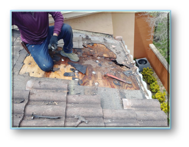 Roofer kneeling on clay tile roof with rotted decking fully exposed and debris removed – Job 26-132