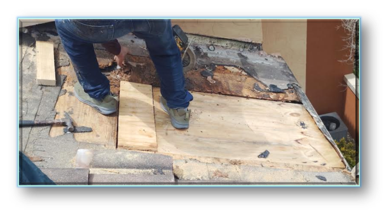 Roofer standing on roof installing new plywood decking boards over repaired framing – Job 26-132