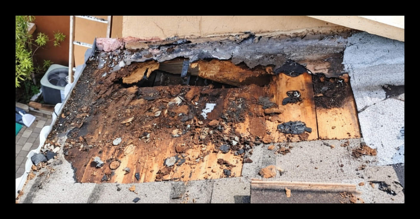 Severely deteriorated flat roof section with rotted plywood decking and exposed wood damage adjacent to concrete tile field – roof deck damage before repair