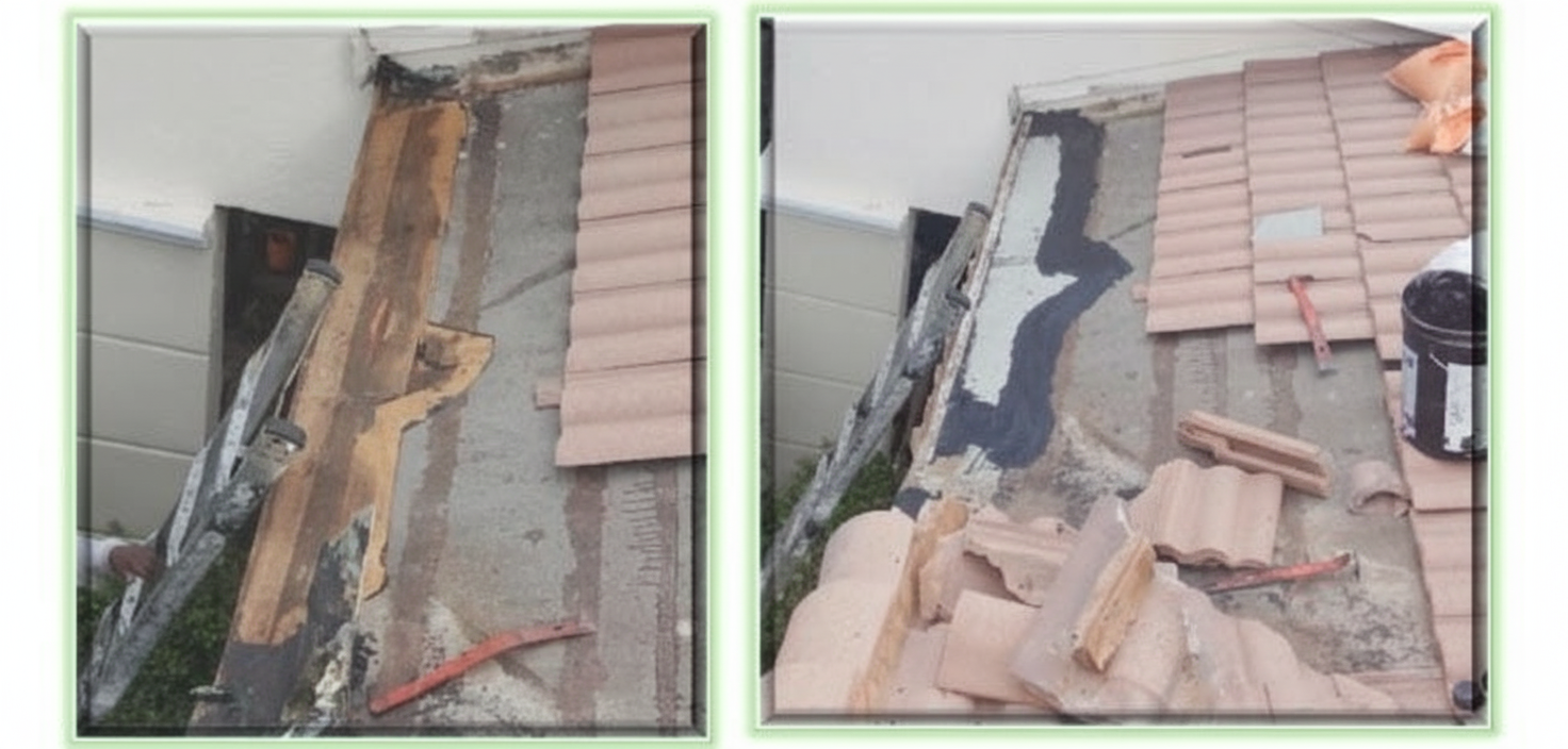 Concrete tile repair showing damaged fascia board removal and exposed deck with waterproofing membrane applied – before and during repair stages