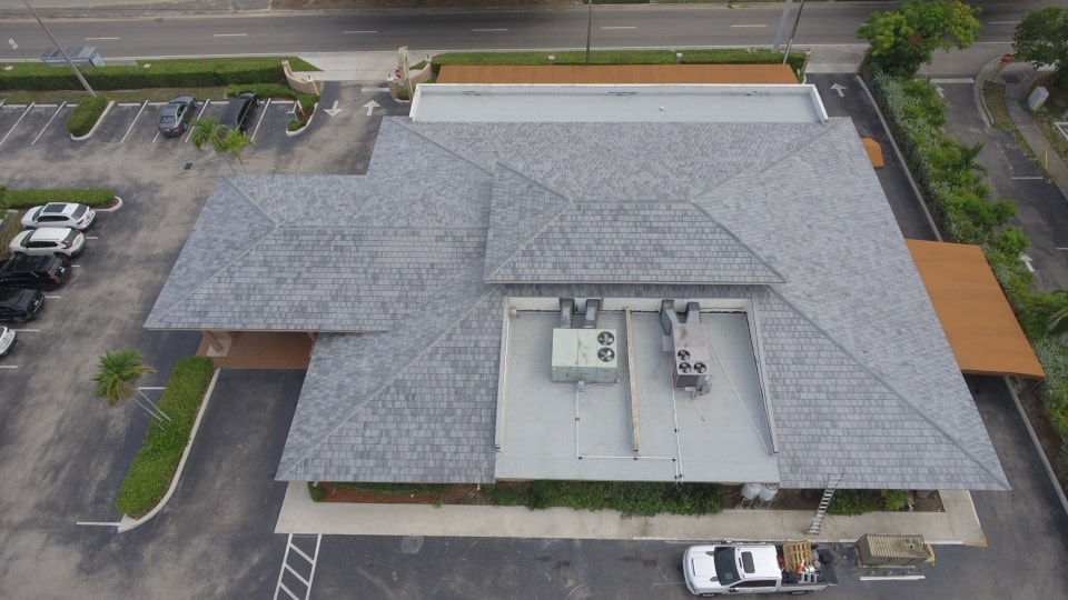 Aerial view showing full roof scope – Job 25-127