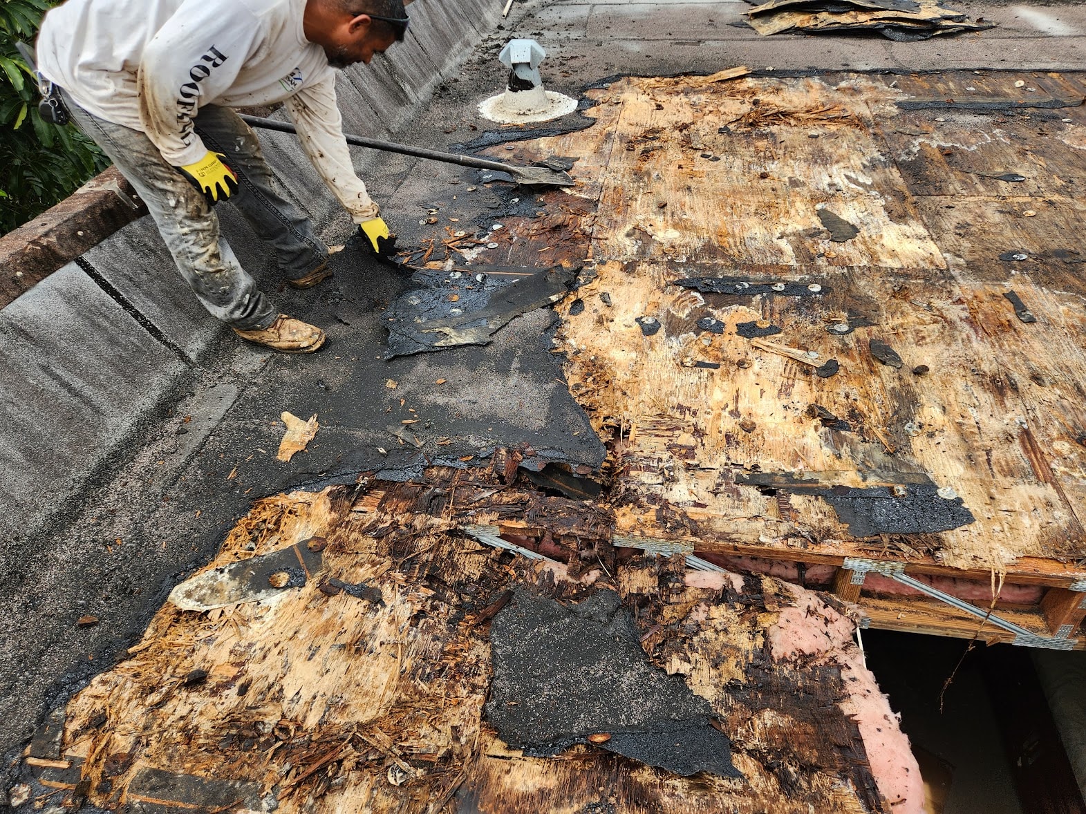 Flat roof tear-off showing deteriorated membrane and rotted decking