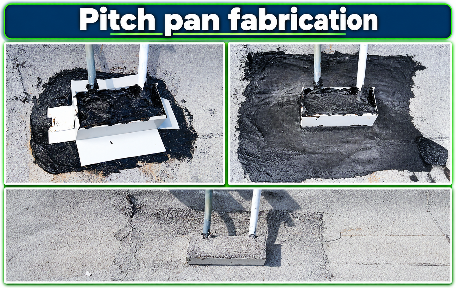 Pitch pan fabrication — before, during, and after flat roof pipe penetration repair