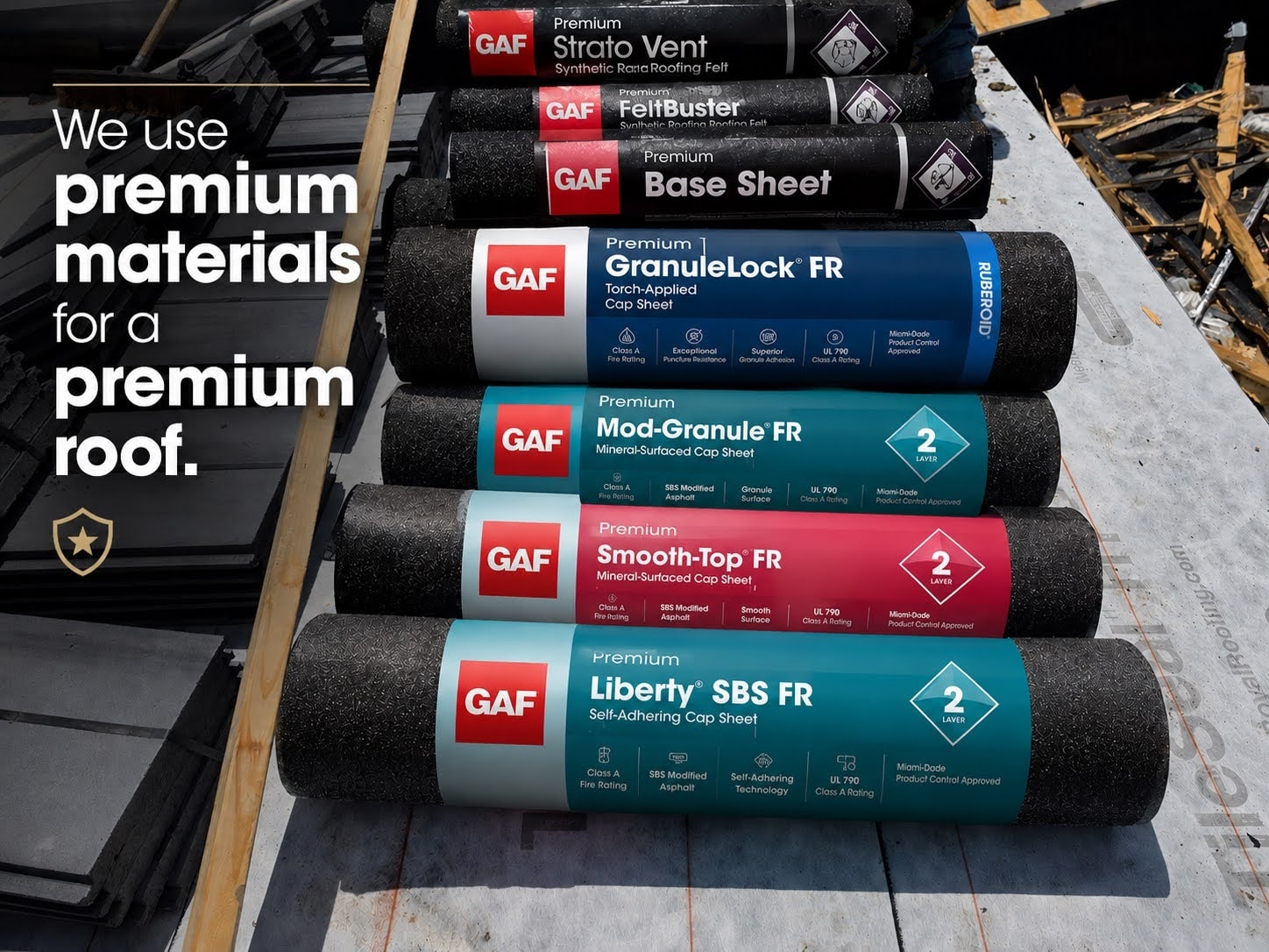 GAF premium flat roof materials – GranuleLock FR, Mod-Granule FR, Smooth-Top FR, Liberty SBS FR – Job 25-071