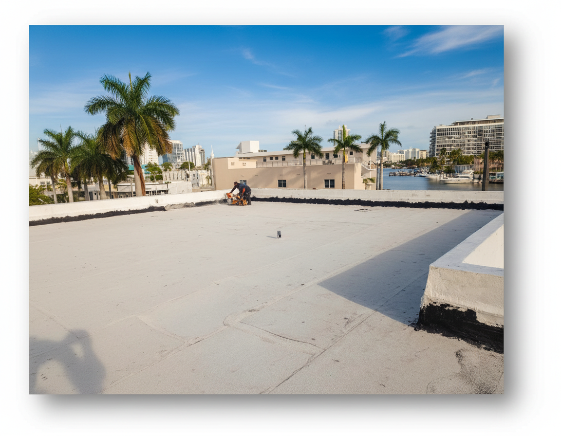 Flat roof recover in progress with modified bitumen membrane – waterfront property – Job 26-031
