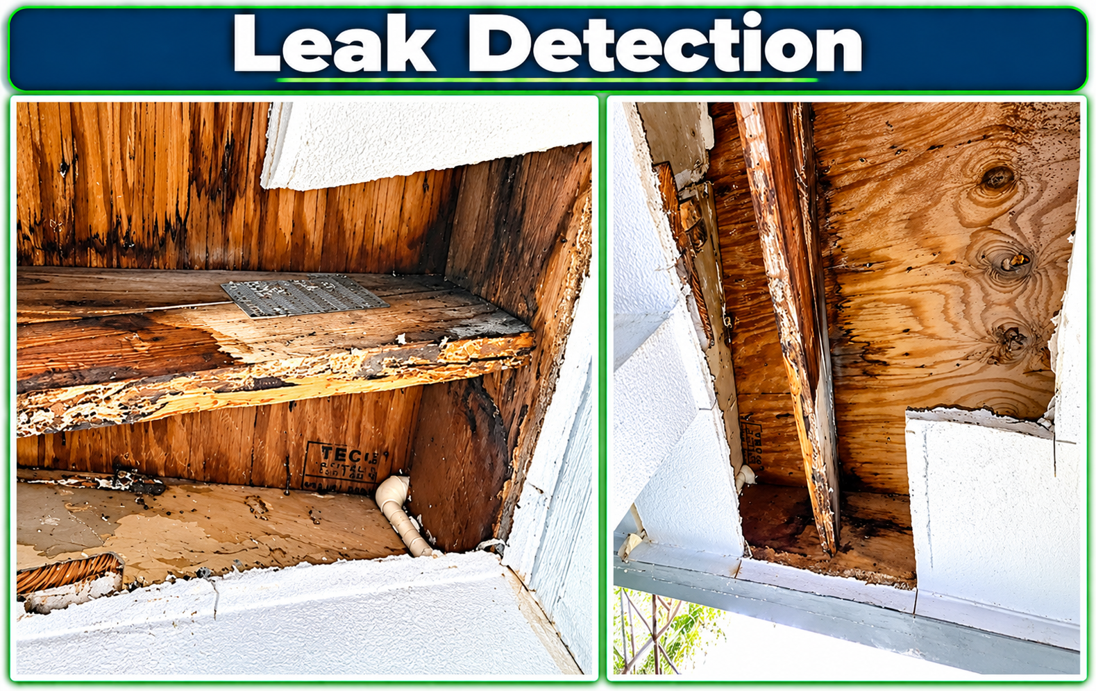 Severe wood rot and water damage to roof rafters and sheathing from long-term leak – Leak Detection by Artisan Roof Specialists