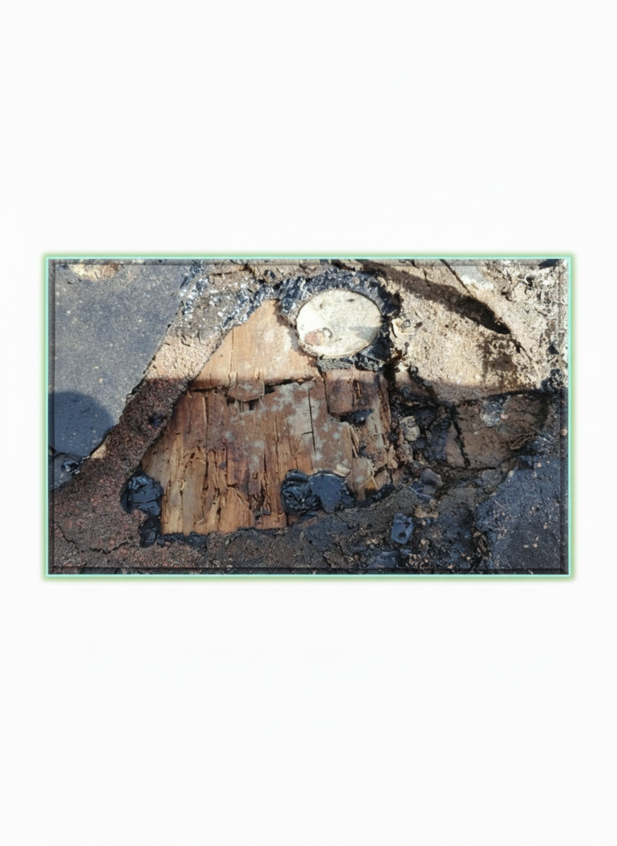 Severely deteriorated roof decking with exposed rotted wood and asphalt damage – Job 26-130