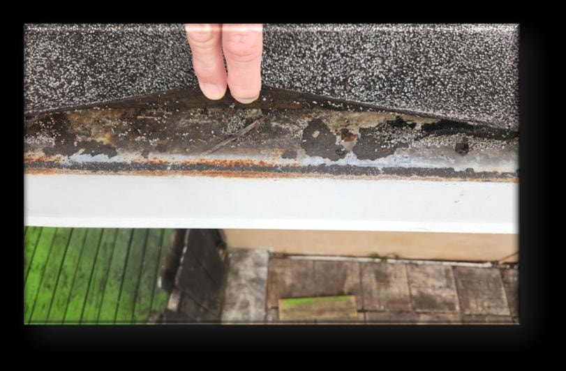 Deteriorated roof edge and gutter showing rust, debris buildup and water intrusion damage – Leak Detection by Artisan Roof Specialists