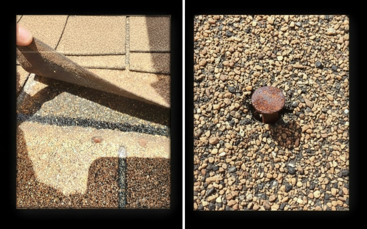 Side-by-side composite showing aged asphalt shingles with lifted flap revealing a rusty nail and a close-up macro of the rusty nail in shingle granules – Artisan Roof Specialists