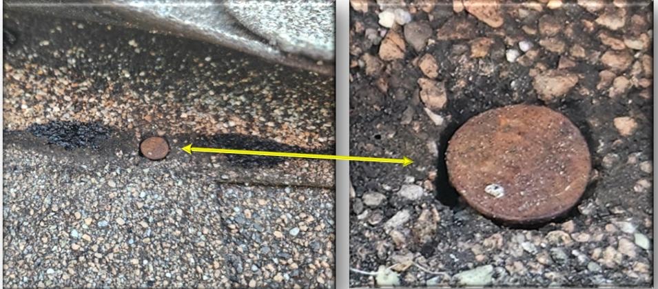 Side-by-side comparison showing a rusty nail on asphalt shingles with yellow arrows illustrating how water bypasses the nail head and infiltrates interior roofing components – Artisan Roof Specialists