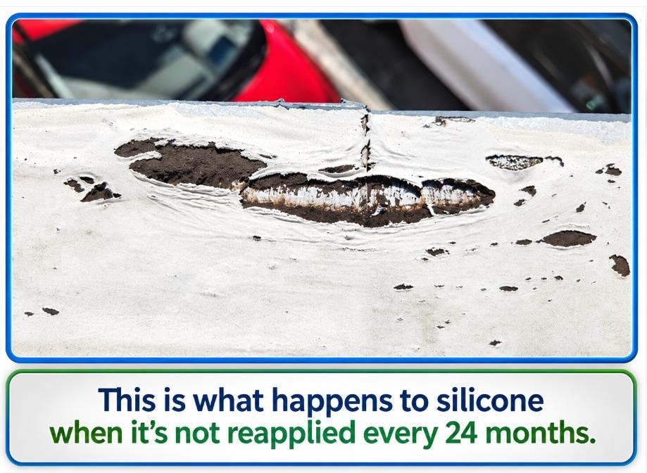 Deteriorated silicone roof coating showing cracking and separation – this is what happens when silicone is not reapplied every 24 months – Artisan Roof Specialists