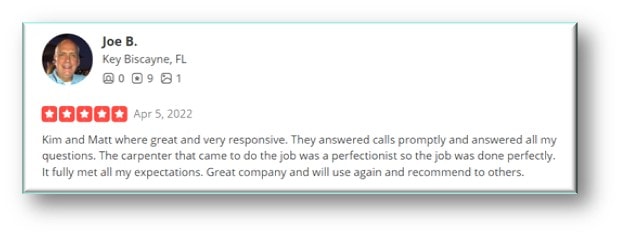 Joe B. – Key Biscayne, FL – 5-star Yelp review, Apr 5, 2022
